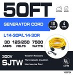 50 FEET Heavy Duty Generator Locking Power Cord NEMA L14-30P/L14-30R,4 Prong 10 Gauge SJTW Cable, 125/250V 30Amp 7500 Watts Yellow Generator Lock Extension Cord with UL Listed Yodotek