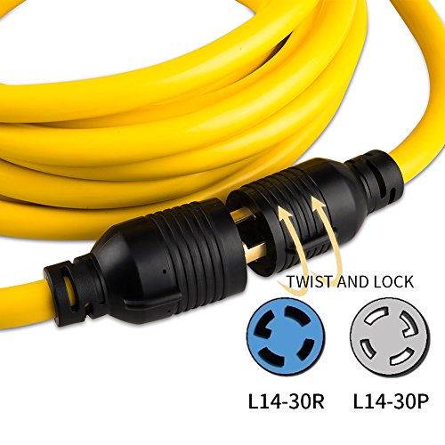 50 FEET Heavy Duty Generator Locking Power Cord NEMA L14-30P/L14-30R,4 Prong 10 Gauge SJTW Cable, 125/250V 30Amp 7500 Watts Yellow Generator Lock Extension Cord with UL Listed Yodotek