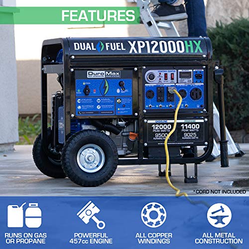 DuroMax XP12000HX Dual Fuel Portable Generator-12000 Watt Gas or Propane Powered Electric Start w/CO Alert, 50 State Approved, Blue