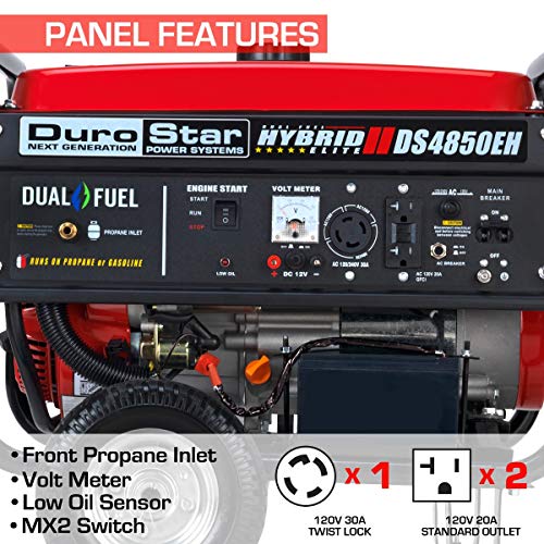 DuroStar DS4850EH Dual Fuel Portable Generator-4850 Watt Gas or Propane Powered Electric Start-Camping & RV Ready, 50 State Approved, Red/Black