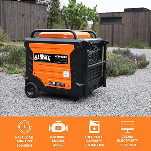 GENMAX Portable Inverter Generator, 9000W Super Quiet Gas Powered Engine with Parallel Capability, Remote/Electric Start, Digital Display,EPA Compliant，CO Alarm Ideal for Home Backup Power (GM9000iE)