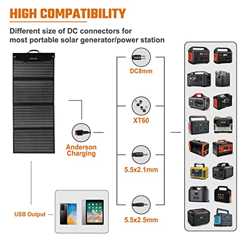 BALDR 120W Portable Solar Panel for Jackery/ECOFLOW/Flashfish/ROCKPALS Power Station Generator, Foldable Solar Cell Charger with 2 USB Ports & 18V DC Output for RV Boat Car ,Black