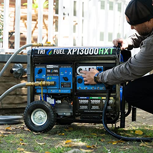 DuroMax XP13000HXT 13,000-Watt 500cc Tri Fuel Gas Propane Natural Gas Portable Generator with CO Alert, Black/Blue