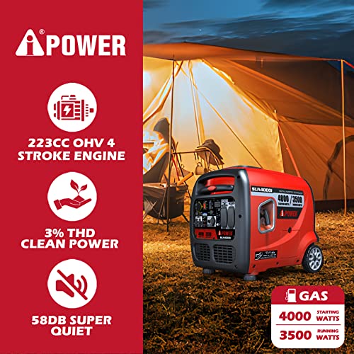 A-iPower SUA4000i 4000 Watt Portable Inverter Generator Gas Powered, Small with Quiet Operation RV Ready for Camping, Tailgate, or Home emergency