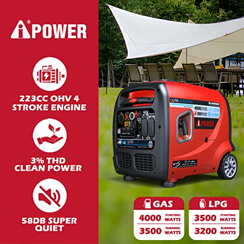 A-iPower SUA4000iED 4000 Watt Portable Inverter Generator Gas & Propane Powered, Small with Electric Start RV Ready for Camping, Tailgate, or Home emergency