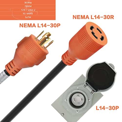 50ft 30 Amp Generator Cord and 30 Amp Generator Inlet Box, NEMA L14-30P to L14-30R Power Extension Cord and 125V/250V 7500W Twist Lock Cord Plug for Home Pool RV Emergency Backup,ETL Listed