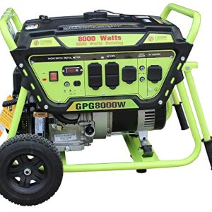 Green-Power America 8000 Watt Home Backup Portable Gasoline Generator, Manual Start, with Wheel and Handles, 12V-8.3A Charging Outlets, EPA Compliant
