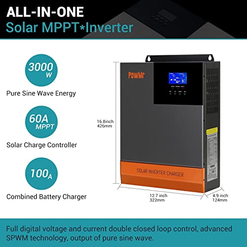 3000W Solar Inverter Charger 24V to 120V, Pure Sine Wave Power Inverter 3000 watt Max.PV Input 4KW 450V, Built-in 80A MPPT Controller and fit for Lead Acid and Lithium Batteries