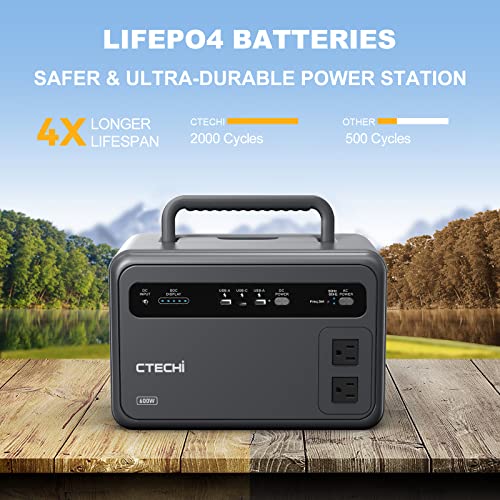 CTECHi Portable Power Station 600W (Peak 1200W), 384Wh LiFePO4 Battery, 120000mAh Emergency Power Supply, Solar Generator with 2 AC Outlets 600W for Travel, Camping, Power Outage, CPAP and RVs