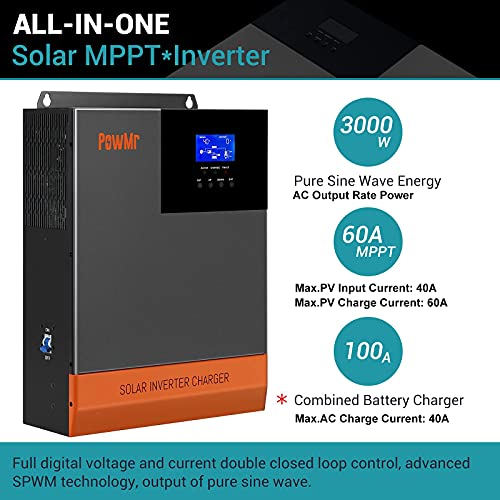 3000W Solar Inverter 24V to 120V, Max.PV Input 4KW,450V VOC,Pure Sine Wave Power Inverter Built-in 80A MPPT Controller and 40A AC Charger for Home, RV, Off-Grid Solar System