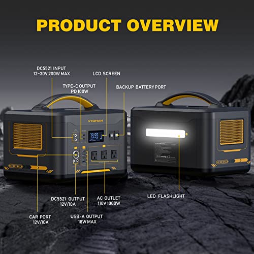 VTOMAN Jump 1000 Solar Generator with 220W Panels Included, 1000W/1408Wh Durable LiFePO4 (LFP) Battery Power Station with 1000W AC Outlet, Regulated 12V DC, 100W PD, for Home Backup & RV/Van Camping