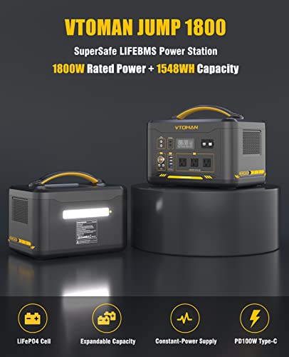 VTOMAN Jump 1800 Portable Power Station with Extra Battery, 3096Wh LiFePO4 (LFP) Power Station with 1800W Pure Sine Wave AC Outlet, Regulated 12V DC, PD 100W Type-C, for Home Backup & RV/Van Camping