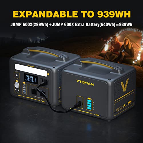 VTOMAN Jump 600X Portable Power Station with Extra Battery, 600W/939Wh Durable LiFePO4 (LFP) Power Station with 600W AC Outlet, Regulated 12V DC, PD 60W, for Home Backup, Outdoor RV/Van Camping Travel