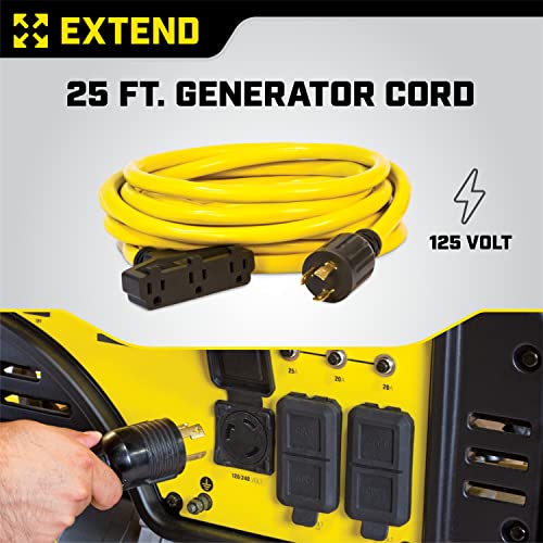 Champion Power Equipment 48034 25 ft. 30A 125V Generator Power 3750 Watts (L5-30P to Three 5-15R) Extension Cord, yellow