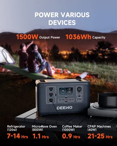 DEENO Portable Power Station 1500W, 1036Wh LiFePO4 Battery Solar Generator for Home Backup Emergency Outdoor Camping RVs(Solar Panel Optional)