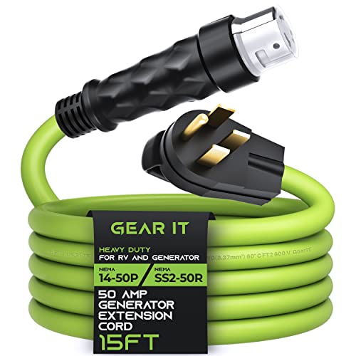 GearIT 50-Amp Generator Extension Cord (15 Ft) NEMA 14-50P to SS2-50R Twist Lock Connector STW 6/3+8/1 AWG 125/250V for 50A Power Inlet Box, RV Camper, Generator to House - 15 feet