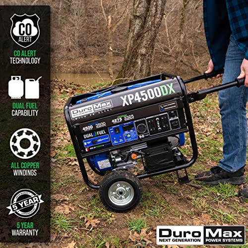 DuroMax XP4500DX 4,500-Watt/3,500-Watt 210cc Electric Start Dual Fuel Portable Generator w/CO Alert