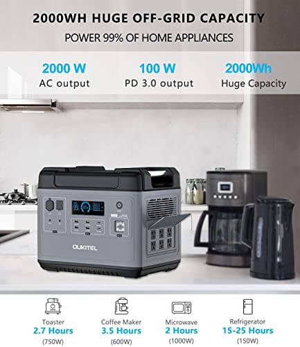 OUKITEL P2001 2000W Portable Power Station, 2000Wh LiFePO4 Battery Backup w/ 6 2000W (4000W Surge) Pure Sine Wave AC Outlets, Solar Generator for Outdoor Camping, RV Travel, Off-grid Home Use, UPS
