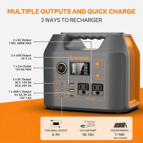 Portable Power Station EnginStar 300W Solar Generator 110V 296Wh Power Bank Two Pure Sine Wave AC Outlet 80000mAh Lithium Battery Pack for Camping Outdoors Trip RV Hunting Vans Emergency Backup