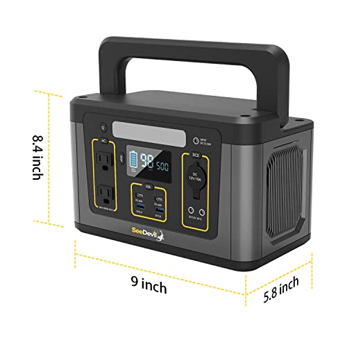 SeeDevil Portable Power Station 500W, 560Wh Lithium Battery, 110V/500W Pure Sine Wave AC Outlet, Solar Generator (Solar Panel Not Included) Great for camping, Emergency power, Off-grid, Outdoor use