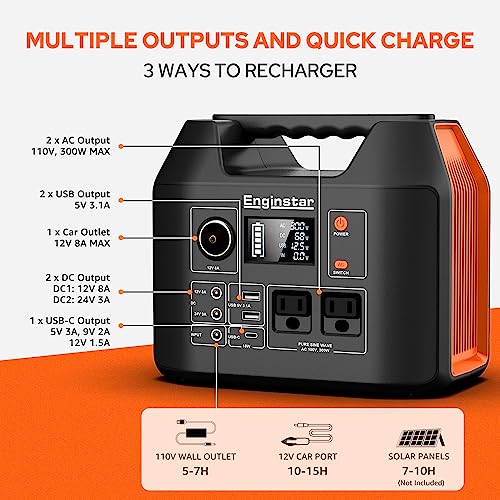 EnginStar Portable Power Station, 300W 296Wh Battery Bank with 110V Pure Sine Wave AC Outlet for Outdoors Camping Hunting and Emergency, 80000mAh Backup Battery Power Supply for CPAP- Black Orange