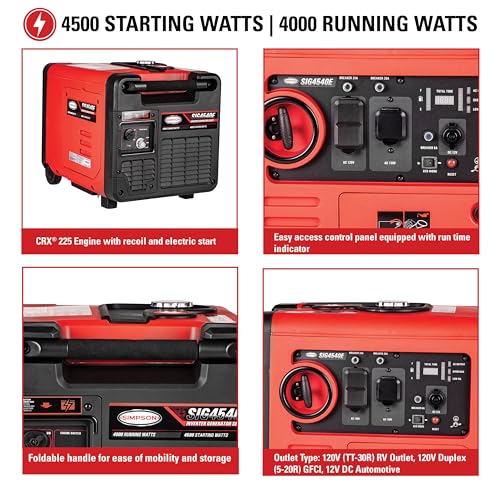 SIMPSON Cleaning SIG4540E Gas Inverter Generator and Portable Power Station for Camping, RV, Home Use, Construction, and More, Electric Start, 4000 Running Watts 4500 Starting Watts