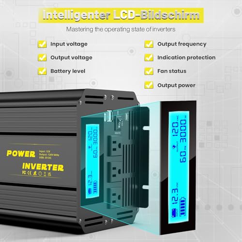 3000 Watt Modified Sine Wave Power Inverter, 12V DC to AC 110V/120V (Peak) 6000W Converter 3 Outlet Car Inverter with Remote Control and LED Display 3.4A USB Port
