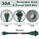 4 Prong 20 Feet 30 Amp Generator Cord and Inlet Box with Locking Connector, Heavy Duty NEMA L14-30P/L14-30R, 125/250V 7500W 10 Gauge SJTW Generator to House Power Cord with Cord Organizer