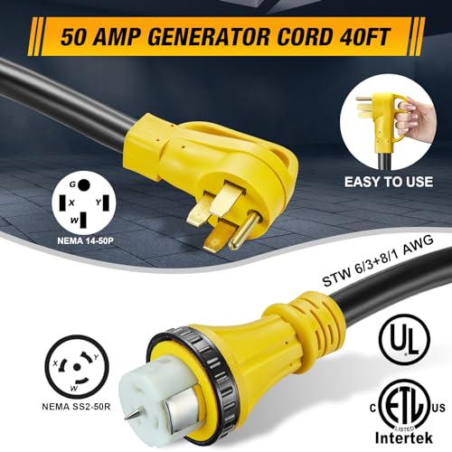 50 Amp Generator Cord with Inlet Box, 40FT RV Extension Cord Heavy Duty STW 6/3+8/1 AWG, 125V/250V NEMA14-50P/SS2-50R This Hill Generator Extension Cord for Generator to House,Twist Lock Connector
