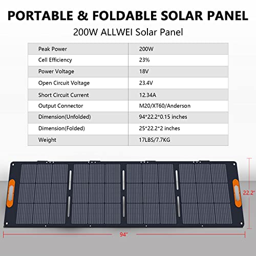 ALLWEI 200W Portable Solar Panel for 1200/2000W Power Station Solar Generator, Foldable 3-in-1 Outputs(M20/XT60/Anderson), 18V Solar Charger with Adjustable Kickstand for Camping Fishing Home Black