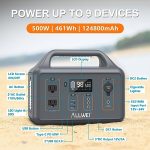 ALLWEI Portable Power Station 500W(Peak 1000W), 461Wh Solar Generator with PD60W USB-C, 2 AC Outlet 110V, 124800mAh Lithium Battery Backup for Outdoor Camping Power Outage CPAP Home Emergency