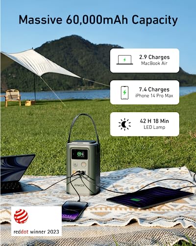 Anker Power Bank Power Station 60,000mAh,Portable Outdoor Generator 87W with Smart Digital Display, Retractable Auto Lighting and SOS Mode, Home Backup(PowerCore Reserve 192Wh) for Travel, Camping