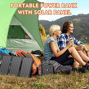 Apowking 146Wh Portable Power Bank with AC Outlet & 40W Foldable Solar Panel & 5 Watts USB Led Light Bulb, Portable Power Station for Camping, Home Emergency, Traveling, RV Trip