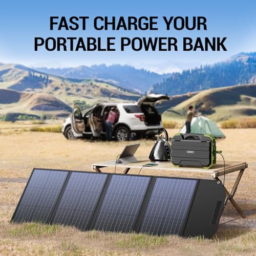 BROWEY 120W Foldable Solar Panel , IP68 Waterproof Portable Solar Panel Kit with QC 3.0 and USB-C Outputs, Adjustable Stand Foldable Solar Charger for Outdoor RV Camping Van Off-Grid Solar Backup