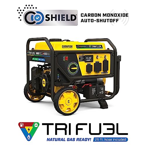 Champion Power Equipment 201223 5,000/4,000-Watt Tri Fuel Natural Gas Portable Generator with CO Shield and Electric Start, LPG/NG Hoses