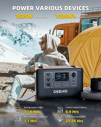 DEENO X1500 Portable Power Station with 200W Solar Panel, 1500W AC Outlets & PD 100W USB-C, 1036Wh LiFePO4 Battery Solar Generator for Home Backup Emergency Outdoors Camping RVs Travel