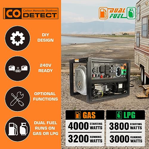 GENMAX DIY Open Frame Dual Fuel Inverter Generator, 4000W ultra-quiet 145cc engine,with Parallel and Series Capability with CO Alert, Ideal for Construction Job & Home backup power EPA Compliant