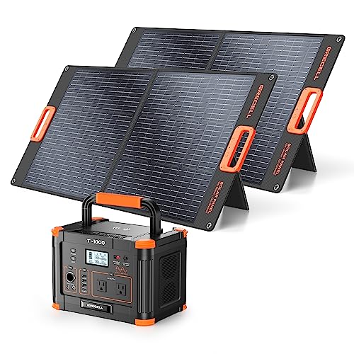GRECELL 1000W Portable Power Station With 2x 100W Solar Panels, 999Wh Backup Lithium Battery, Pure Sine Wave AC Outlet, 60W PD Quick Charge Solar Generator Set for Outdoor Emergency Camping Travel