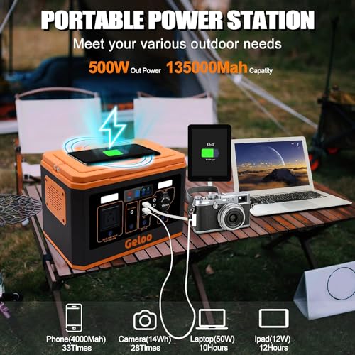 Geloo 500W Portable Solar Generator with 110V/500W AC Outlet, 135000mAh Capacity, 499Wh, Black/Orange