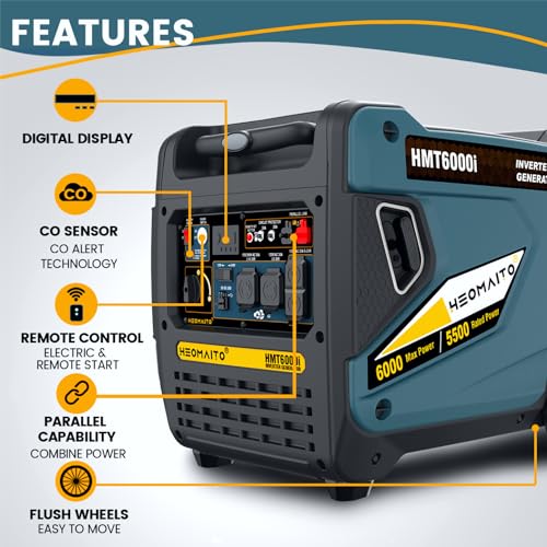 HEOMAITO 6000W Portable Inverter Generator Remote Electric Start Outdoor Power Equipment with Wheel & Handle Kit, CO Sensor Digital Dispaly Parallel Capability, EPA Compliant for Camping RV Home Use
