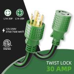 ISLEWIRE 4 Prong 30 Amp Extension Generator Cord 50FT, NEMA L14-30P/L14-30R, 125/250 Volt Up to 7500 Watts, 10 Gauge SJTW Twist Lock Power Cord for Manual Transfer Switch, Black&Green, ETL Listed