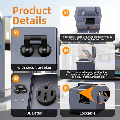Joinfworld 50 Amp RV Power Outlet Box with Breaker, Weatherproof 125/250V UL Listed NEMA 14-50R RV Receptacle, Lockable Electrical Power Box for RV Camper Trailer Motorhome