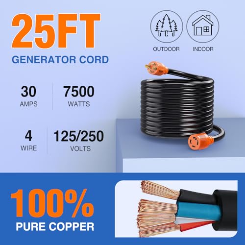 Nilight 30 Amp 25FT Generator Extension Cord 125/250V 7500 Watt Heavy Duty 10 Gauge Pure Copper STW Wire ETL Listed 4 Prong L14-30P L14-30R Cable for Generator RV Camper Outdoor Use, 2 Years Warranty