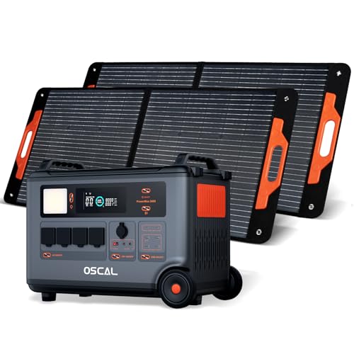 OSCAL PowerMax 3600 Portable Power Station with 2x100W Solar Panel, 3600Wh LiFePO4 Solar Generator with AC Outlets 3000W (Peak 6000W), 1.2H Full Charge, 10ms UPS for Home Use, Outdoor Camping, RV Trip