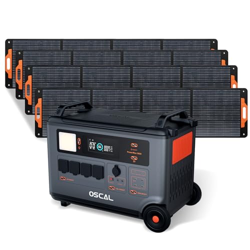 OSCAL PowerMax 3600 Portable Power Station with 4x200W Solar Panel, 3600Wh(Peak 6000W) LiFeP04 Solar Generator with AC Outlets, 1.2H Full Charge, 10ms UPS for Home Use, Outdoor Camping, RV Trips
