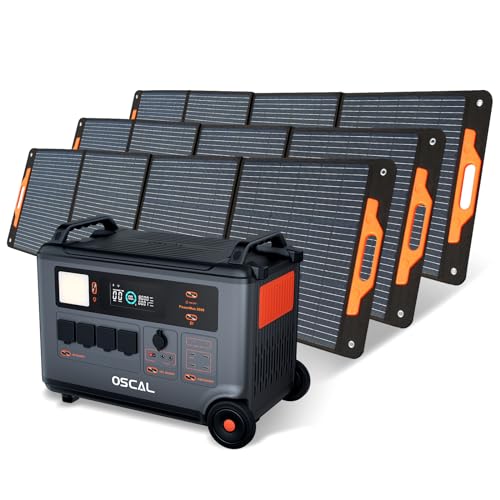 OSCAL PowerMax 3600(Peak 6000W) Portable Power Station with 3x200W Solar Panel, 3600Wh LiFeP04 Solar Generator with AC Outlets, 1.2H Full Charge, 10ms UPS for Home Use, Outdoor Camping, RV Trip