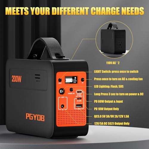 PGYOB 200W Portable Power Station, 102.4Wh/32000mAh Outdoor Solar Generator Backup LiFePO4 Battery Pure Sine Wave Power Pack with AC/DC Outlet, PD USB-C Outlet for Home, Camping, RV, Blackout, CPAP