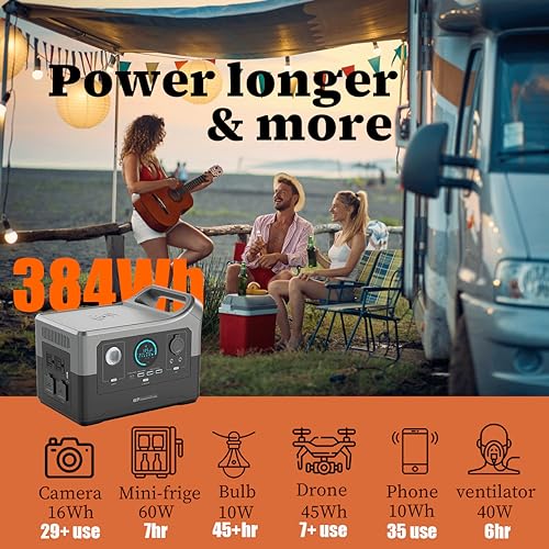 Portable Power Station 384Wh LiFePO4 Battery 1hour fast charging 2X700W (X-Boost 1100W) AC Outlets solar generator with WIFI&Bluetooth for camping,RV,SUV trip,power backup,home use