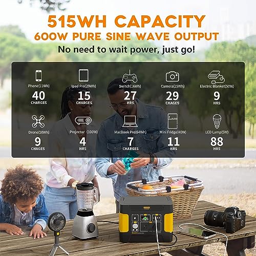 Portable Power Station E600 with Carrying Case Bag, 515Wh LiFePO4 Battery, 110V/600W Pure Sine Wave AC Outlets, Solar Generator for Outdoors Home Blackout