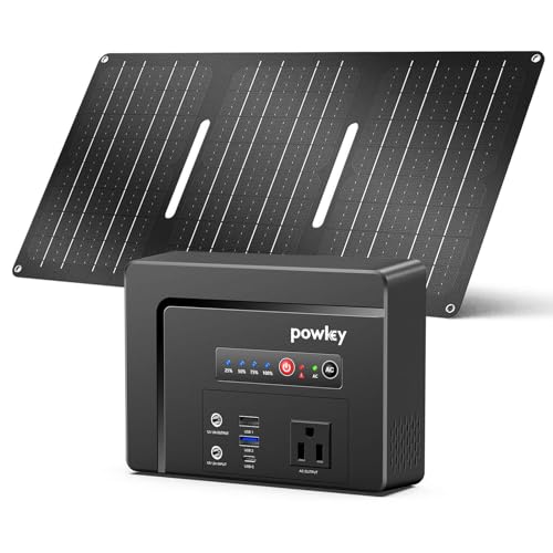Powkey Portable Power Station with Solar Panel, 100W/97Wh Small Portable Generator with Solar Panel 30W for Outdoor Camping Battery Backup,Portable Power Bank with AC Outlet/PD65W USB C/DC/USB A Ports